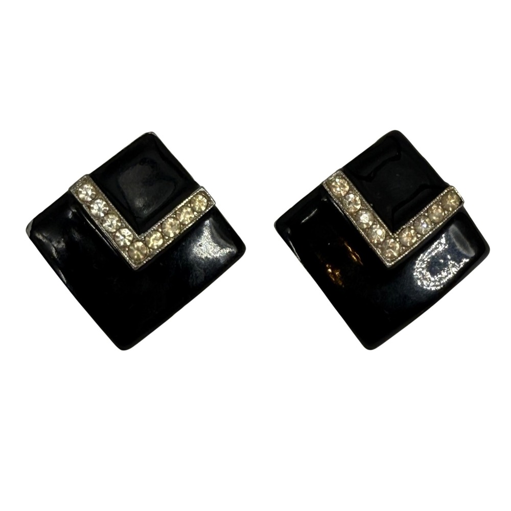 Vintage Black Geometric Earrings Silver Tone Rhinestone Accent Square Minimalist